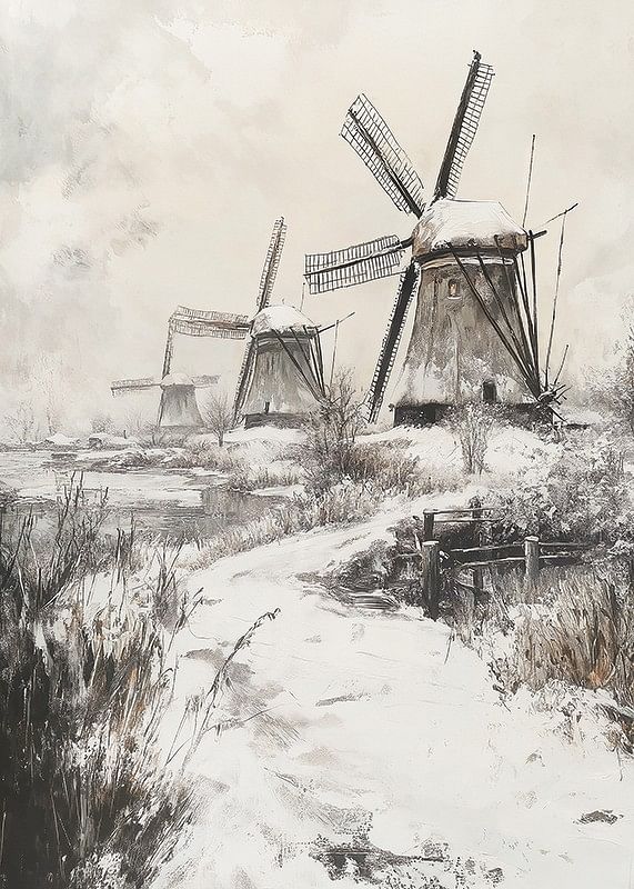 Poster met een schilderij van besneeuwde windmolens-12