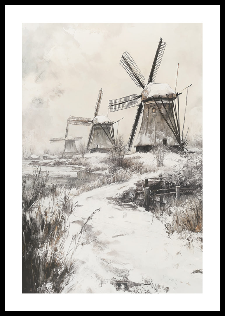 Illustrated windmills in winter landscape with snow-12