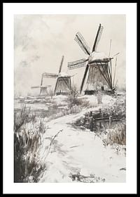 Poster met een schilderij van besneeuwde windmolens-0