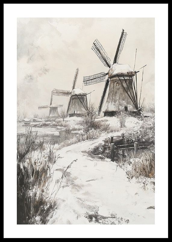 Poster met een schilderij van besneeuwde windmolens-12