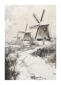Poster met een schilderij van besneeuwde windmolens-1