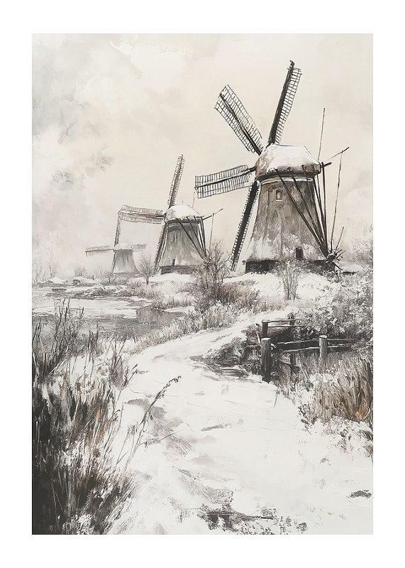 Poster met een schilderij van besneeuwde windmolens-12