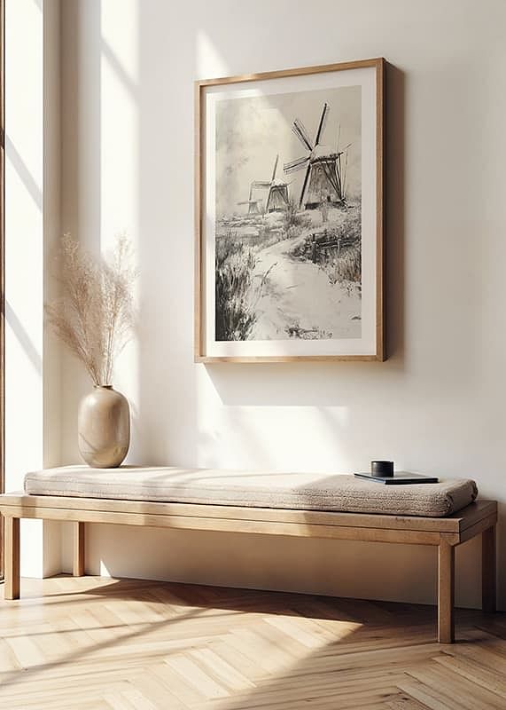 Poster met een schilderij van besneeuwde windmolens-12