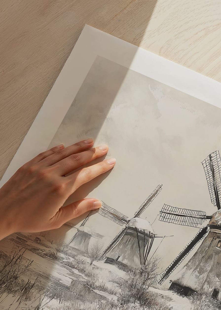 Poster met een schilderij van besneeuwde windmolens-12