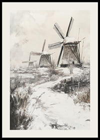 Illustrated windmills in winter landscape with snow-2