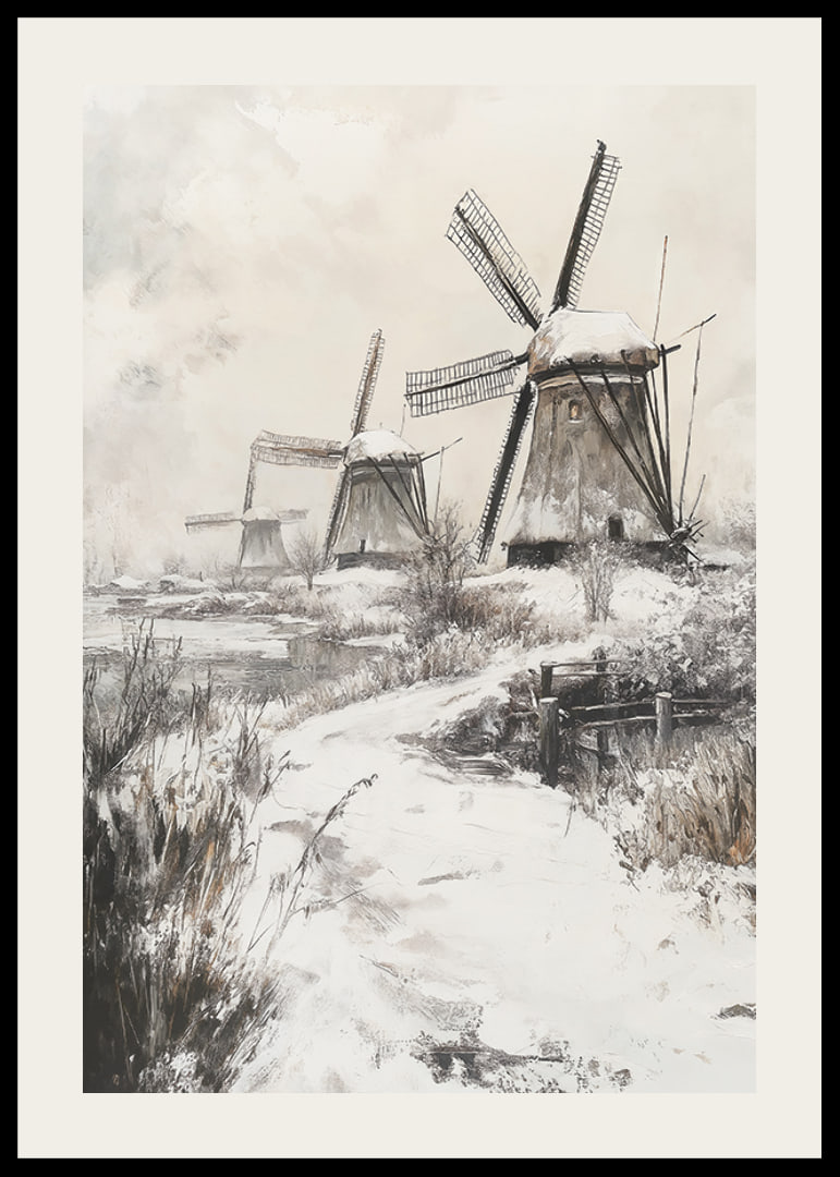Illustrated windmills in winter landscape with snow-12