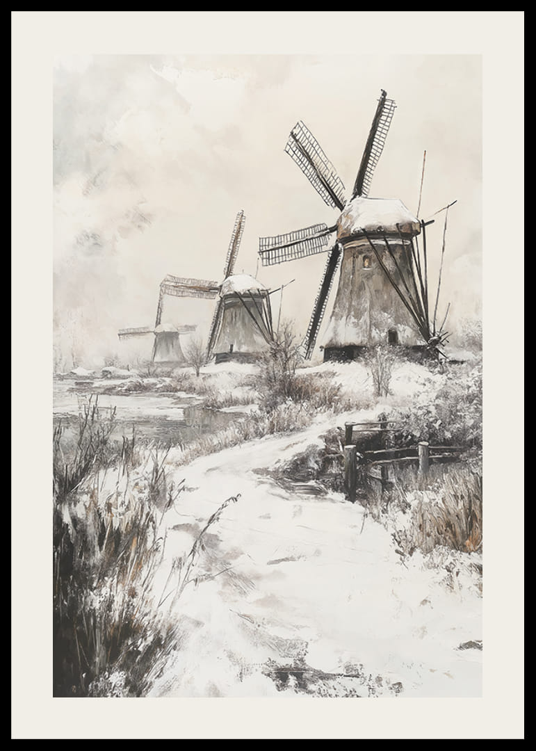 Illustrierte Windmühlen in Winterlandschaft mit Schnee-12