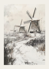 Illustrierte Windmühlen in Winterlandschaft mit Schnee-3