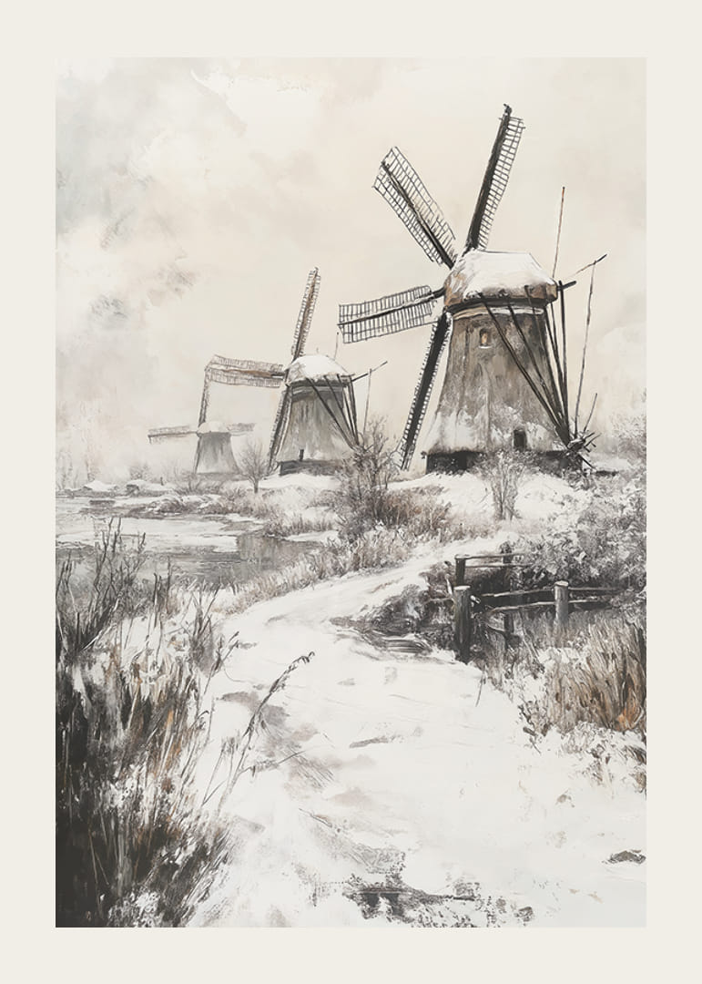 Illustrierte Windmühlen in Winterlandschaft mit Schnee-12