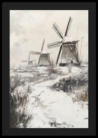 Illustrierte Windmühlen in Winterlandschaft mit Schnee-4