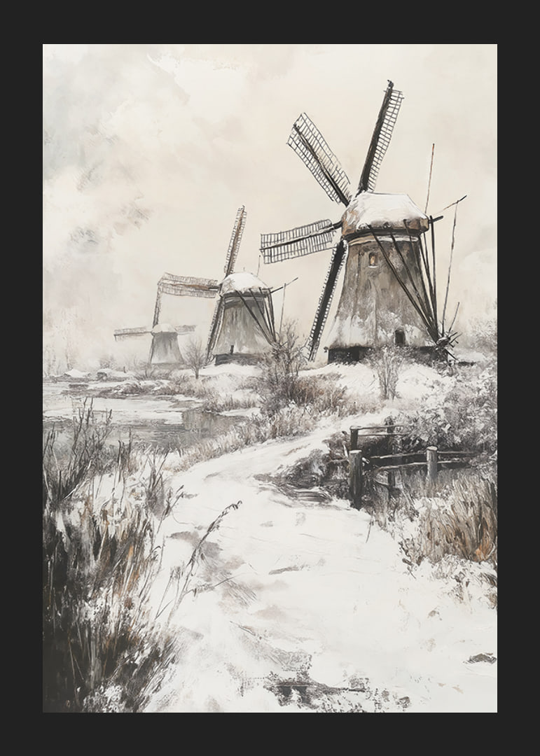 Illustrated windmills in winter landscape with snow-12
