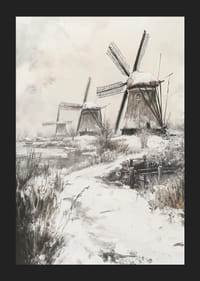 Illustrierte Windmühlen in Winterlandschaft mit Schnee-5