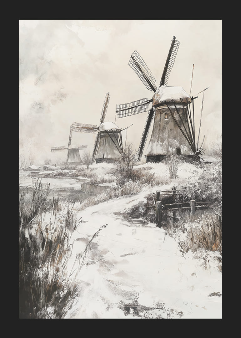 Illustrierte Windmühlen in Winterlandschaft mit Schnee-12