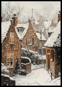 Painted village with brown stone houses under snowfall and winter sky-6
