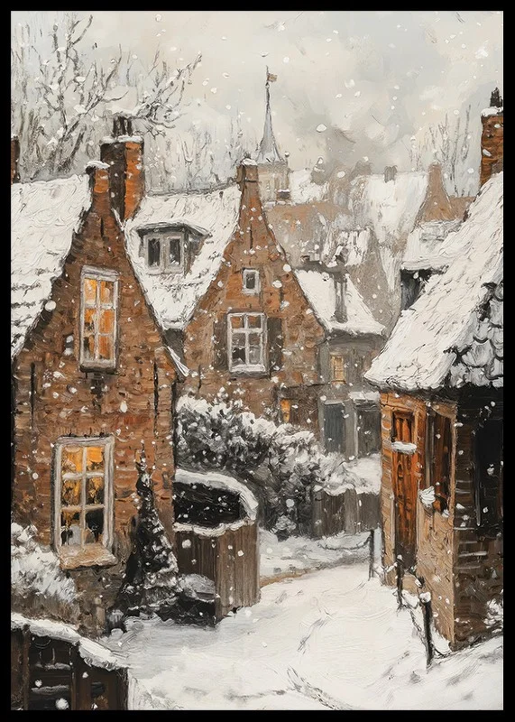 Painted village with brown stone houses under snowfall and winter sky-12