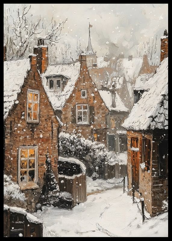 Poster met een schilderij van een pittoresk dorpje in een sprankelende sneeuwval-12