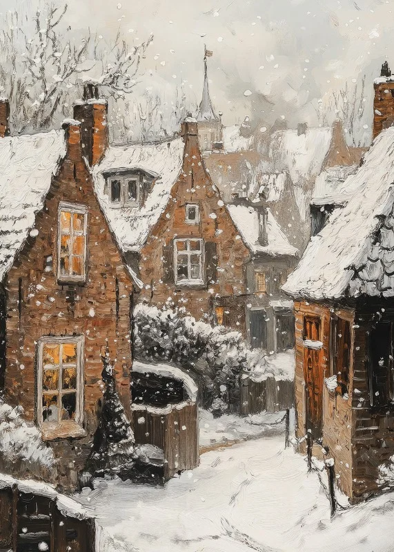 Painted village with brown stone houses under snowfall and winter sky-12