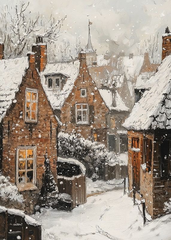 Poster met een schilderij van een pittoresk dorpje in een sprankelende sneeuwval-12