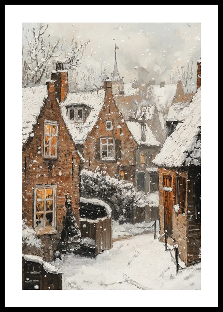 Painted village with brown stone houses under snowfall and winter sky-12