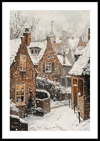 Poster met een schilderij van een pittoresk dorpje in een sprankelende sneeuwval-0