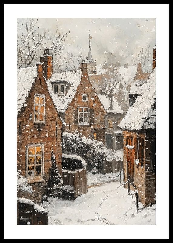 Poster met een schilderij van een pittoresk dorpje in een sprankelende sneeuwval-12