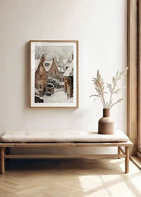 Painted village with brown stone houses under snowfall and winter sky-8