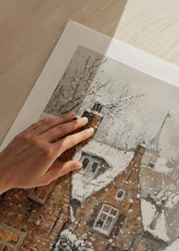 Painted village with brown stone houses under snowfall and winter sky-9