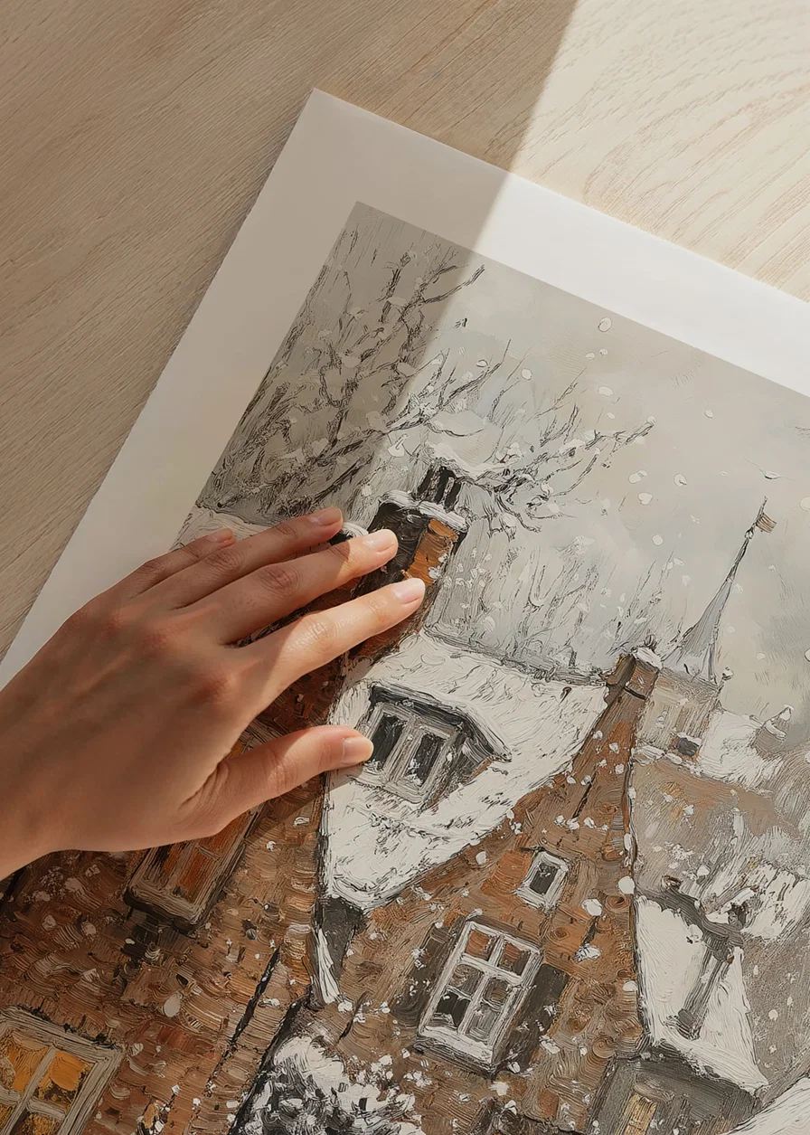 Painted village with brown stone houses under snowfall and winter sky-12