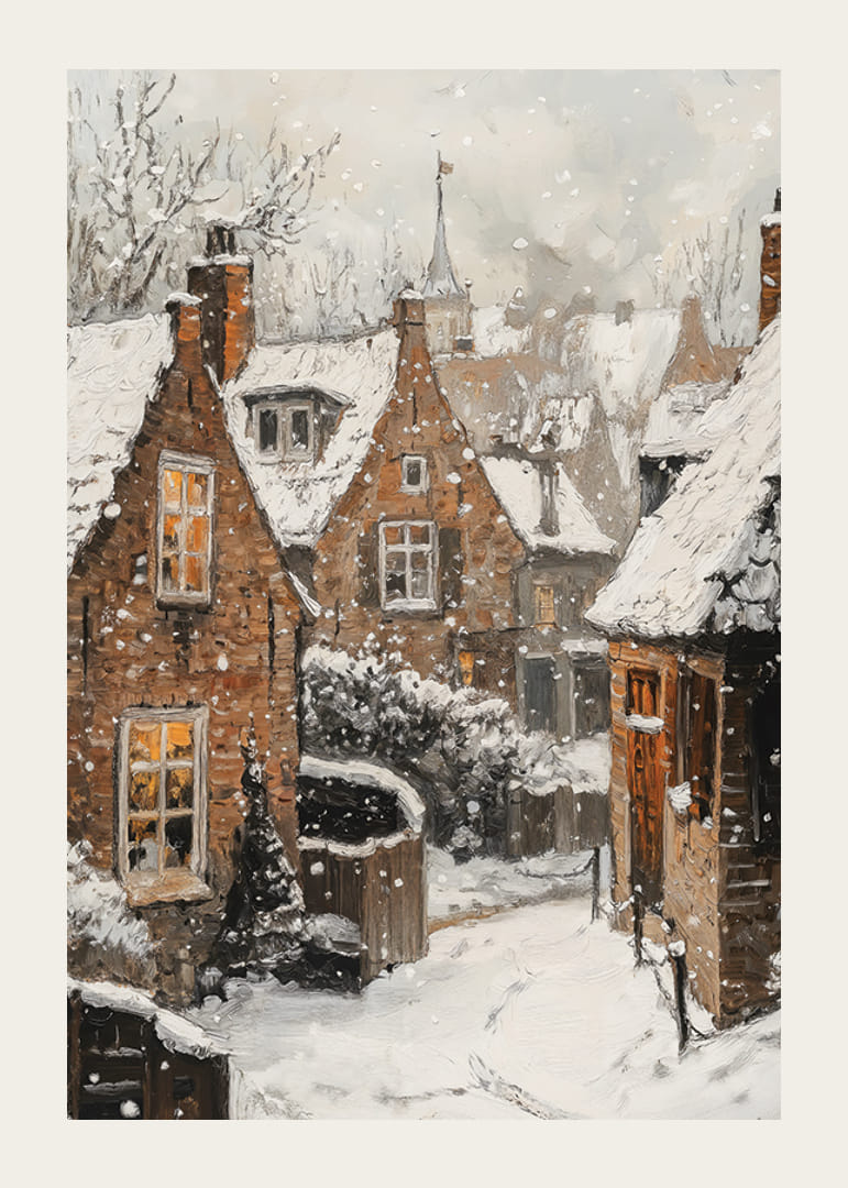Malowana wioska z brązowymi kamiennymi domami pod śniegiem i zimowym niebem-12