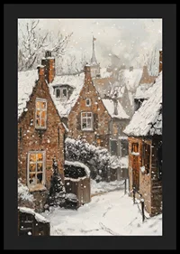 Painted village with brown stone houses under snowfall and winter sky-4
