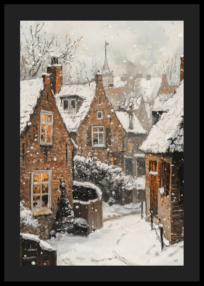 Malowana wioska z brązowymi kamiennymi domami pod śniegiem i zimowym niebem-12