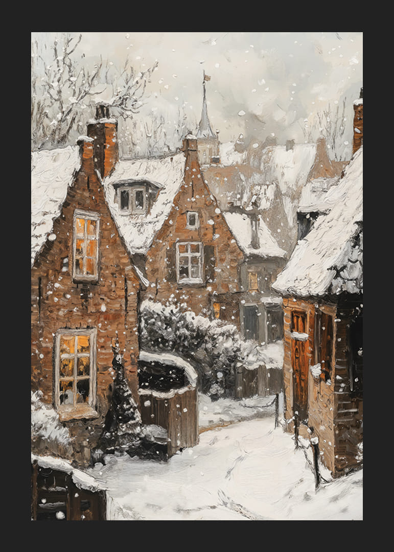 Malowana wioska z brązowymi kamiennymi domami pod śniegiem i zimowym niebem-12