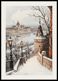 Painted winter view of Budapest's parliament on the snowy Danube-2