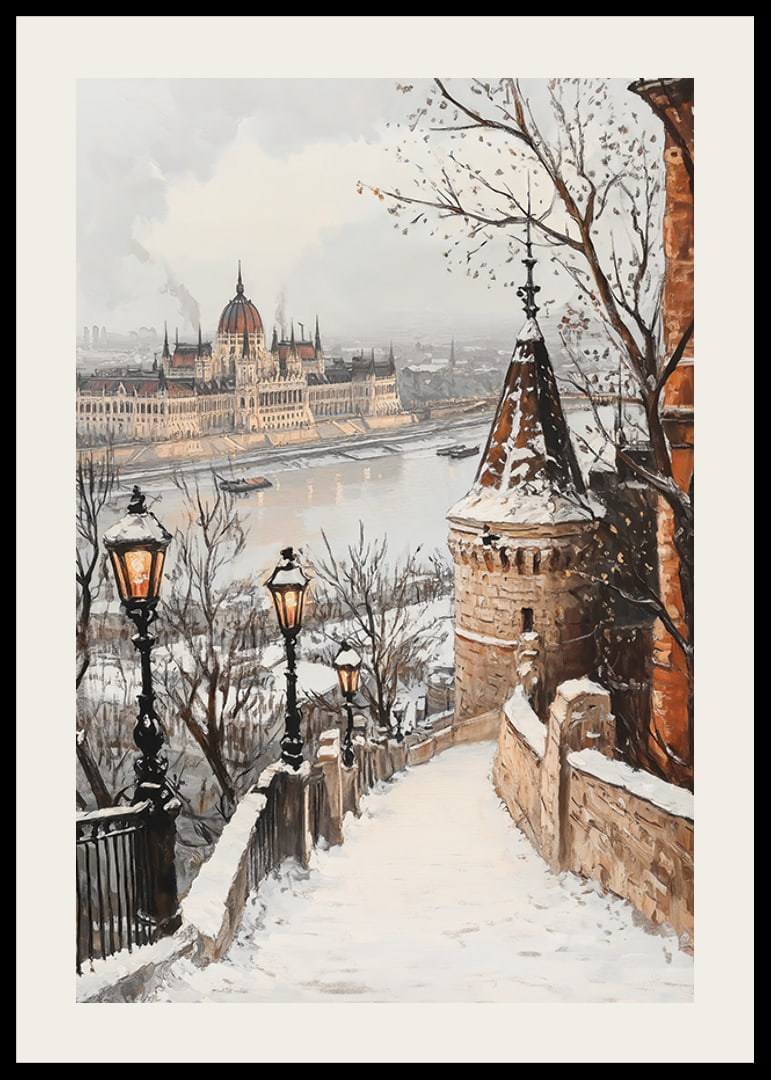 Painted winter view of Budapest's parliament on the snowy Danube-12