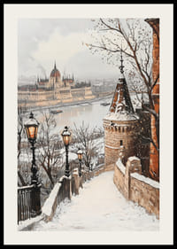 Målad vintervy över Budapests parlament vid snöig Donau-2