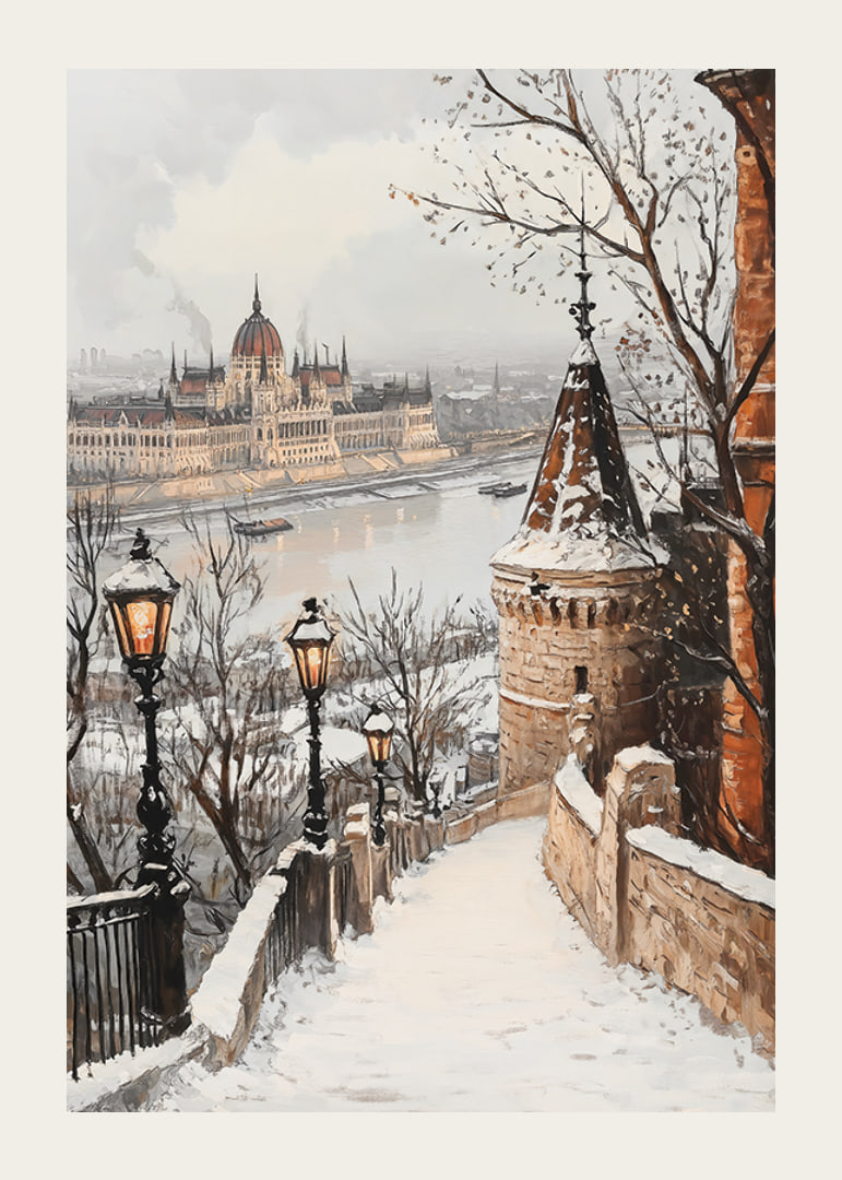 Painted winter view of Budapest's parliament on the snowy Danube-12