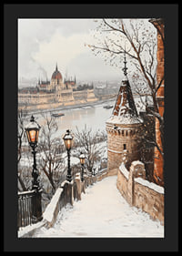 Painted winter view of Budapest's parliament on the snowy Danube-4