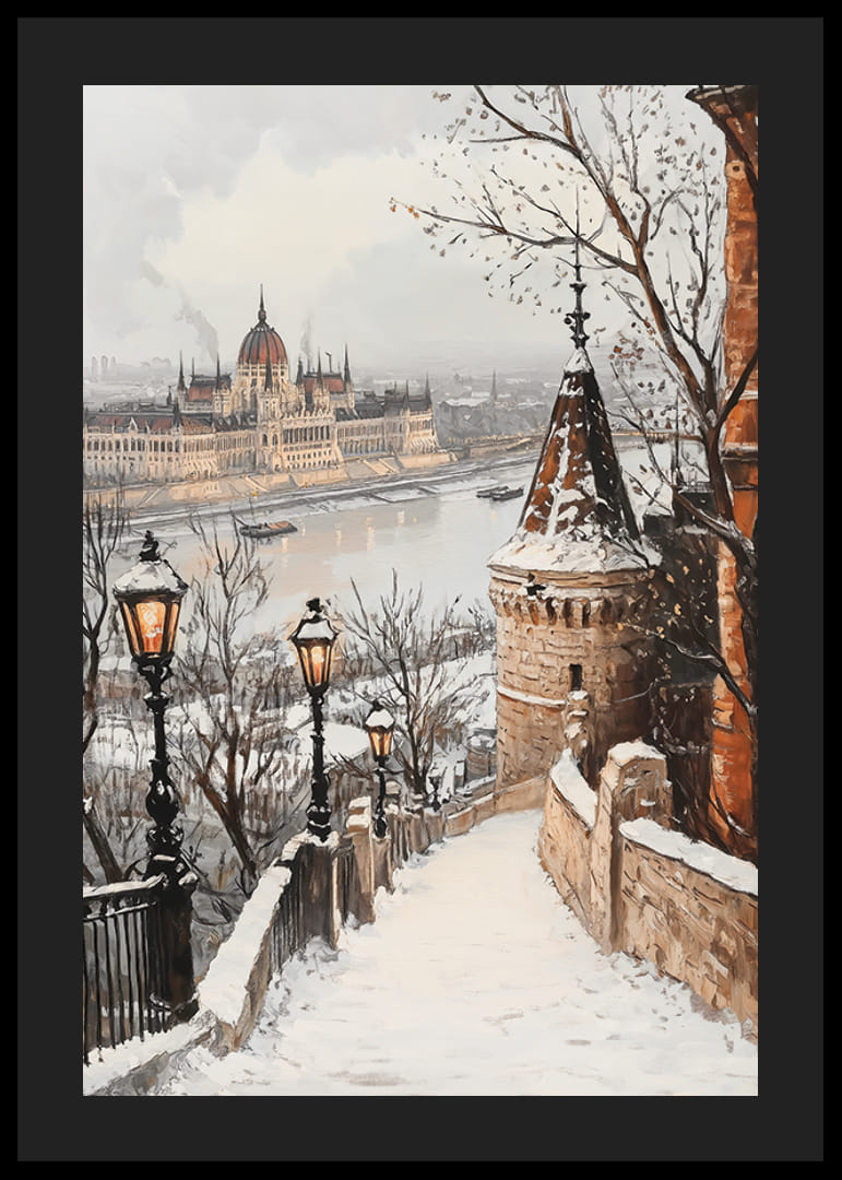 Målad vintervy över Budapests parlament vid snöig Donau-12