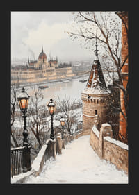 Målad vintervy över Budapests parlament vid snöig Donau-5