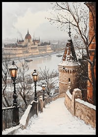 Painted winter view of Budapest's parliament on the snowy Danube-6