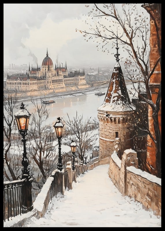 Painted winter view of Budapest's parliament on the snowy Danube-12