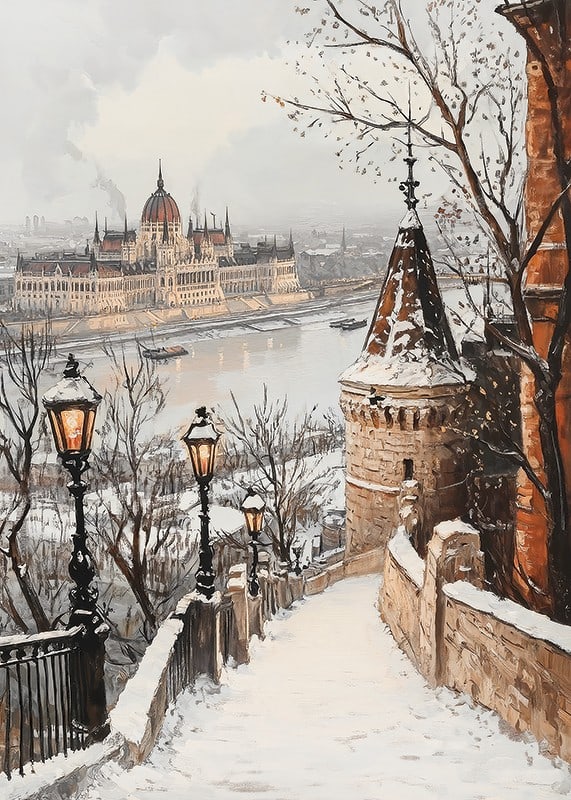 Painted winter view of Budapest's parliament on the snowy Danube-12