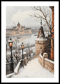 Painted winter view of Budapest's parliament on the snowy Danube-0