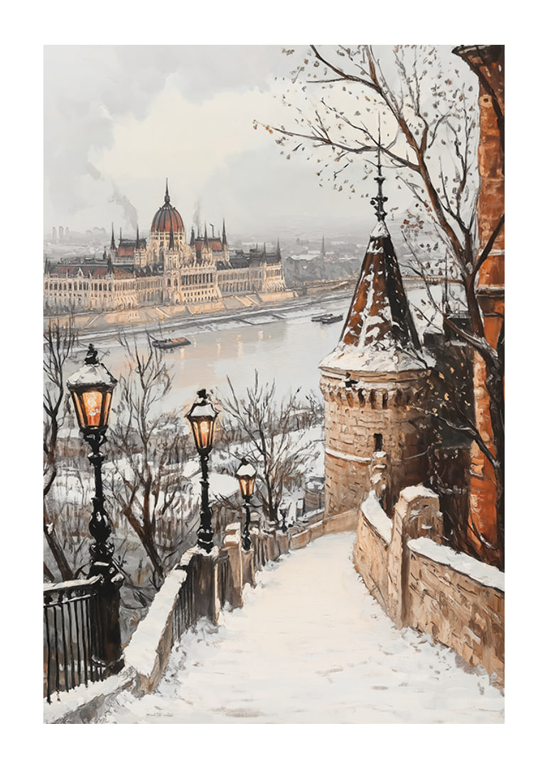 Painted winter view of Budapest's parliament on the snowy Danube-12