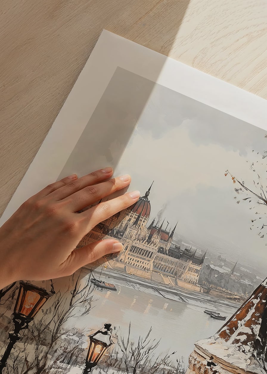 Painted winter view of Budapest's parliament on the snowy Danube-12