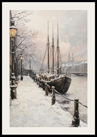 Painted winter harbor with sailboat and snow-covered trees-2