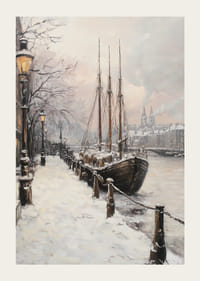 Porto invernale dipinto con barca a vela e alberi innevati-3