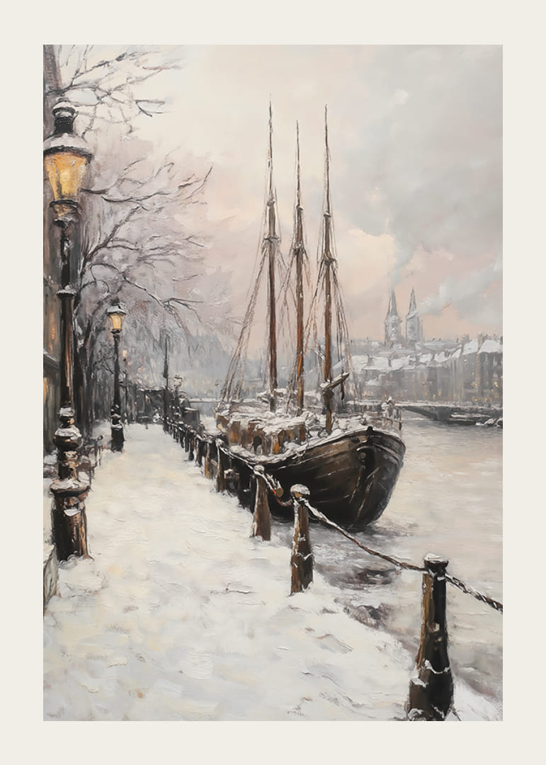 Porto invernale dipinto con barca a vela e alberi innevati-12