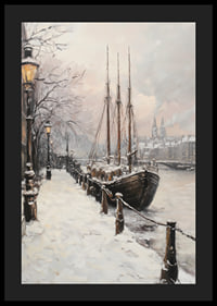 Painted winter harbor with sailboat and snow-covered trees-4