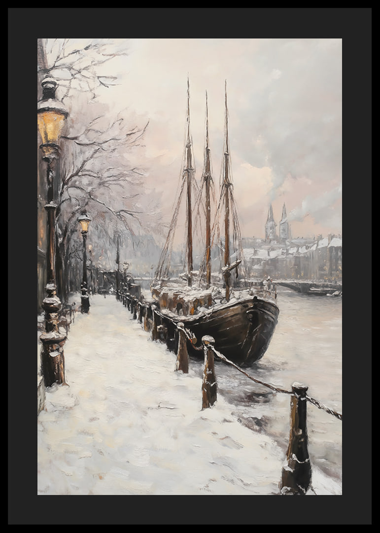 Painted winter harbor with sailboat and snow-covered trees-12